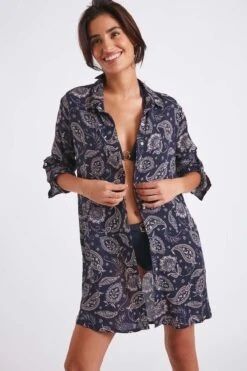 Chemise De Plage Bleu Marine Imprimé Cachemire NOLIE VOILJAYERA -Tenues pour les femmes Boutique 22e nolie voiljayer zhi06 dev6